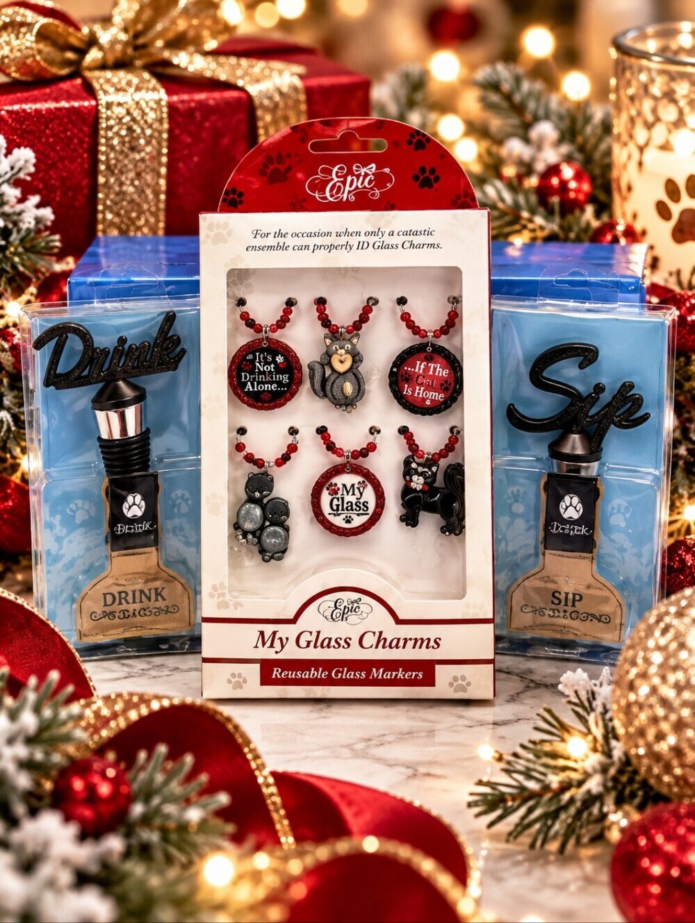 Cat Wine Gift Set Glass Charms & Bottle Stoppers New in Box